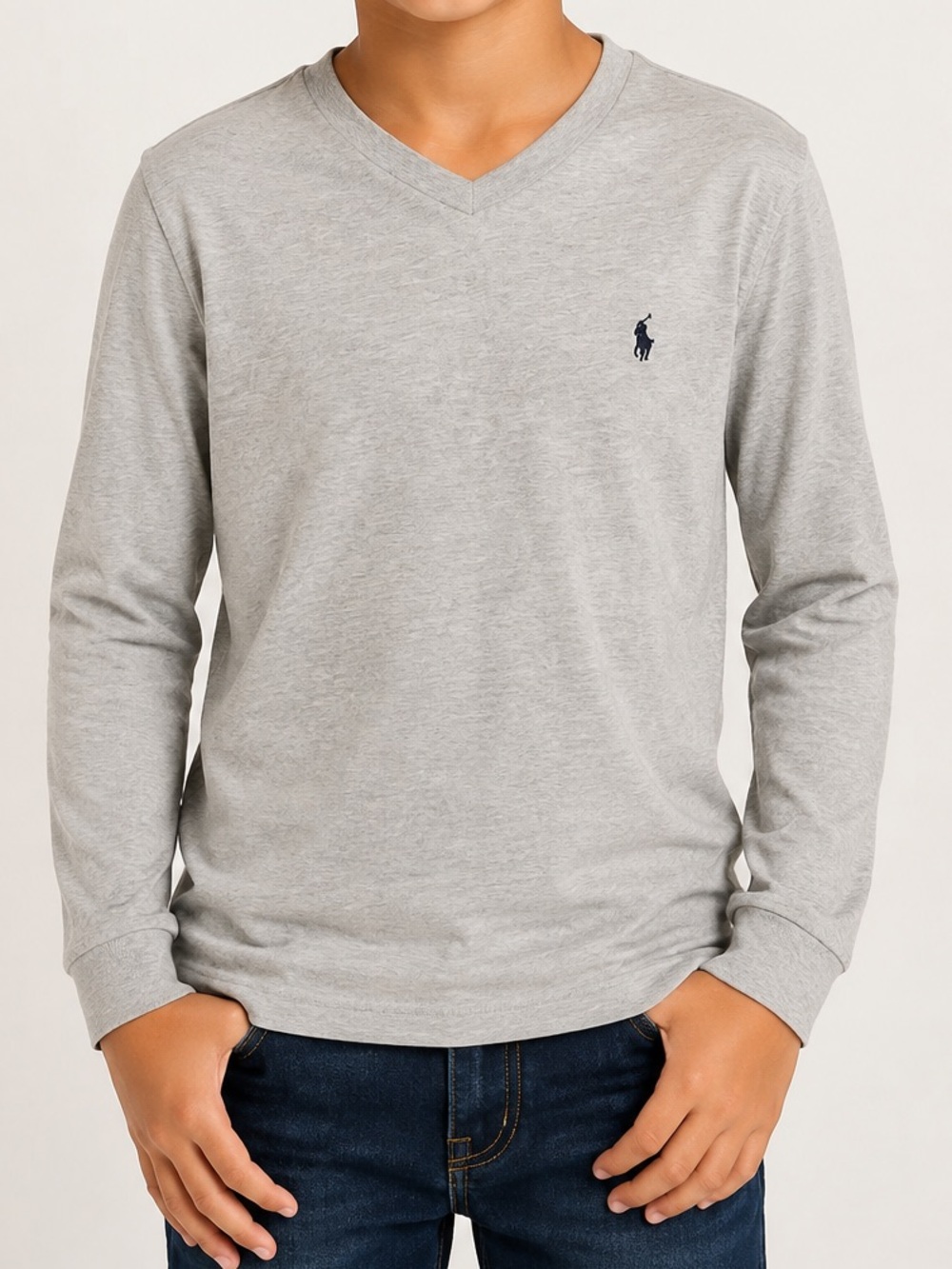 Polo Ralph Lauren Gray V-Neck Long Sleeve T shirt Boys 8/10 Medium
